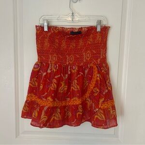 La Plage Orange Yellow Colorful Ruched Mini Skirt Boho Floral Sz Small Flirty